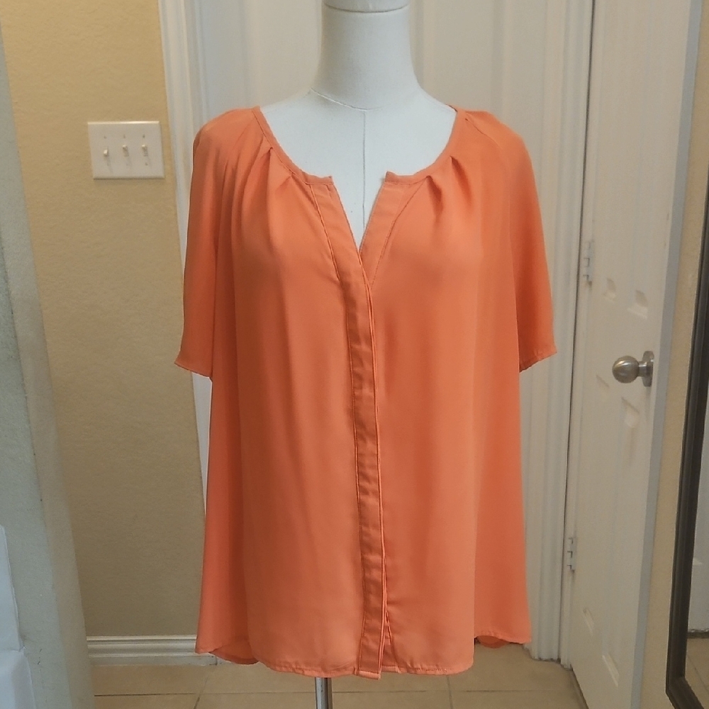 Moon Collection Vibrant Orange Button Down Pleated V Neck Blouse Size Large